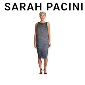 Sarah Pacini Slate Grey Crinkle Dress Small Lightweight Sleeveless Designer Chic